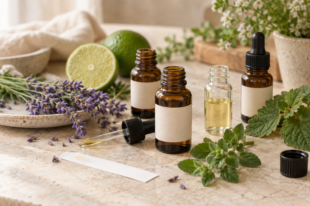 Aceites esenciales y plantas aromáticas preparados para crear una mezcla personalizada.