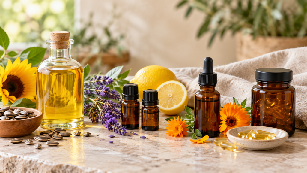 Aceite vegetal de girasol, frascos de aceites esenciales, extracto botánico y suplementos sobre una mesa con plantas y flores