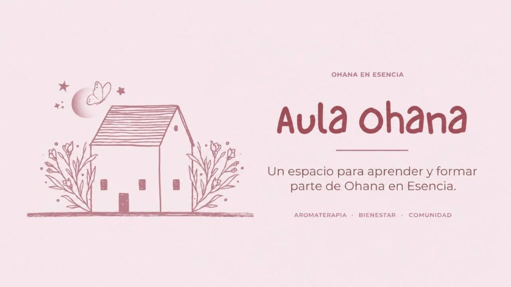 Portada del Aula Ohana en tonos rosa con una casita ilustrada y el lema Un espacio para aprender y formar parte de Ohana en Esencia